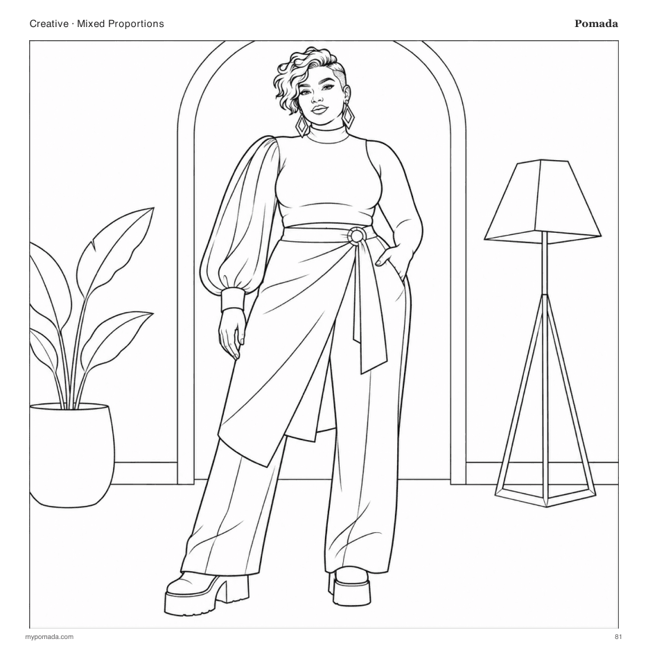 Creative Mixed Proportions fashion coloring page from the Pomada book