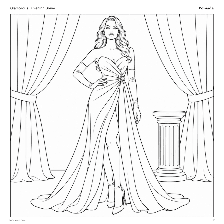 Glamorous Evening Shine fashion coloring page from the Pomada book