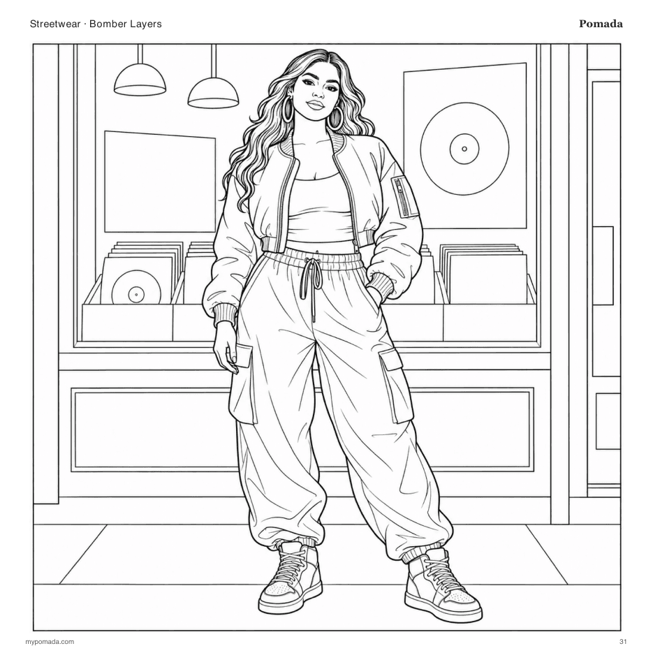 Streetwear Bomber Layers fashion coloring page from the Pomada book