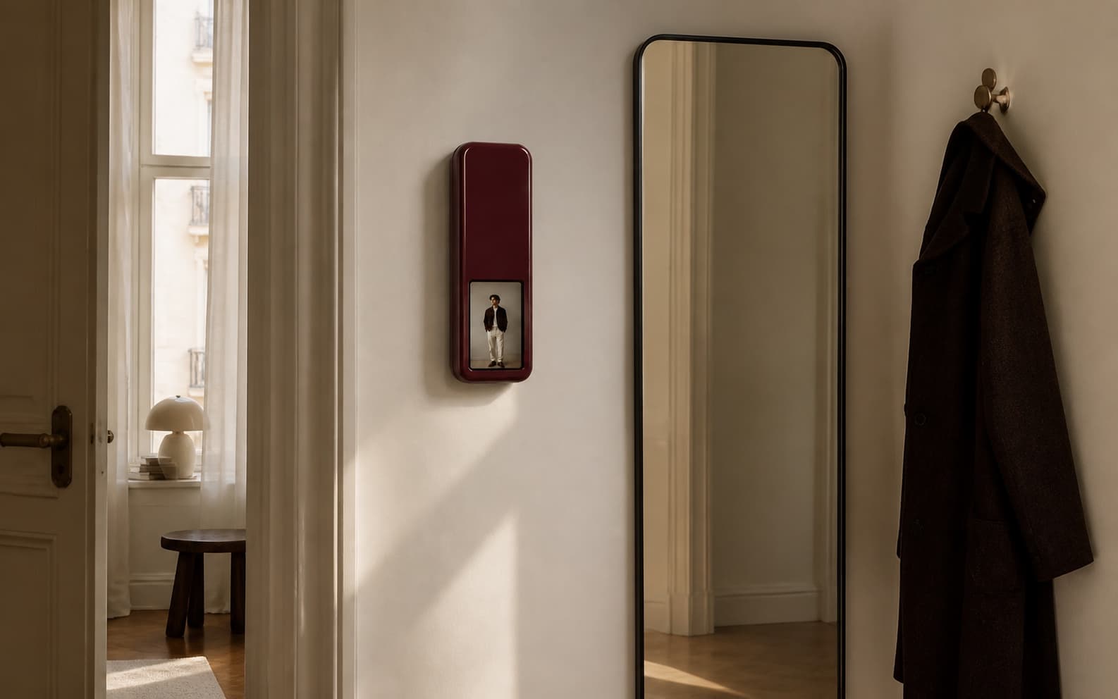 The Pomada outfit camera mounted beside a mirror and hanging coat as a smart mirror alternative