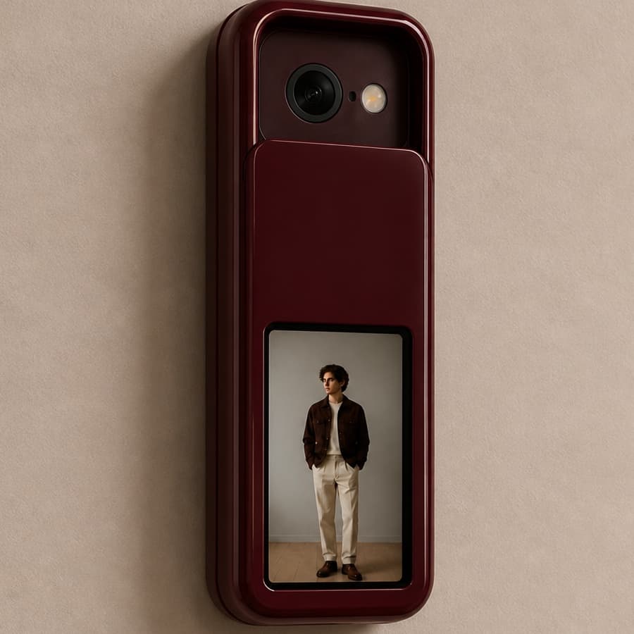Close view of the Pomada outfit camera with its lens and physical cover visible