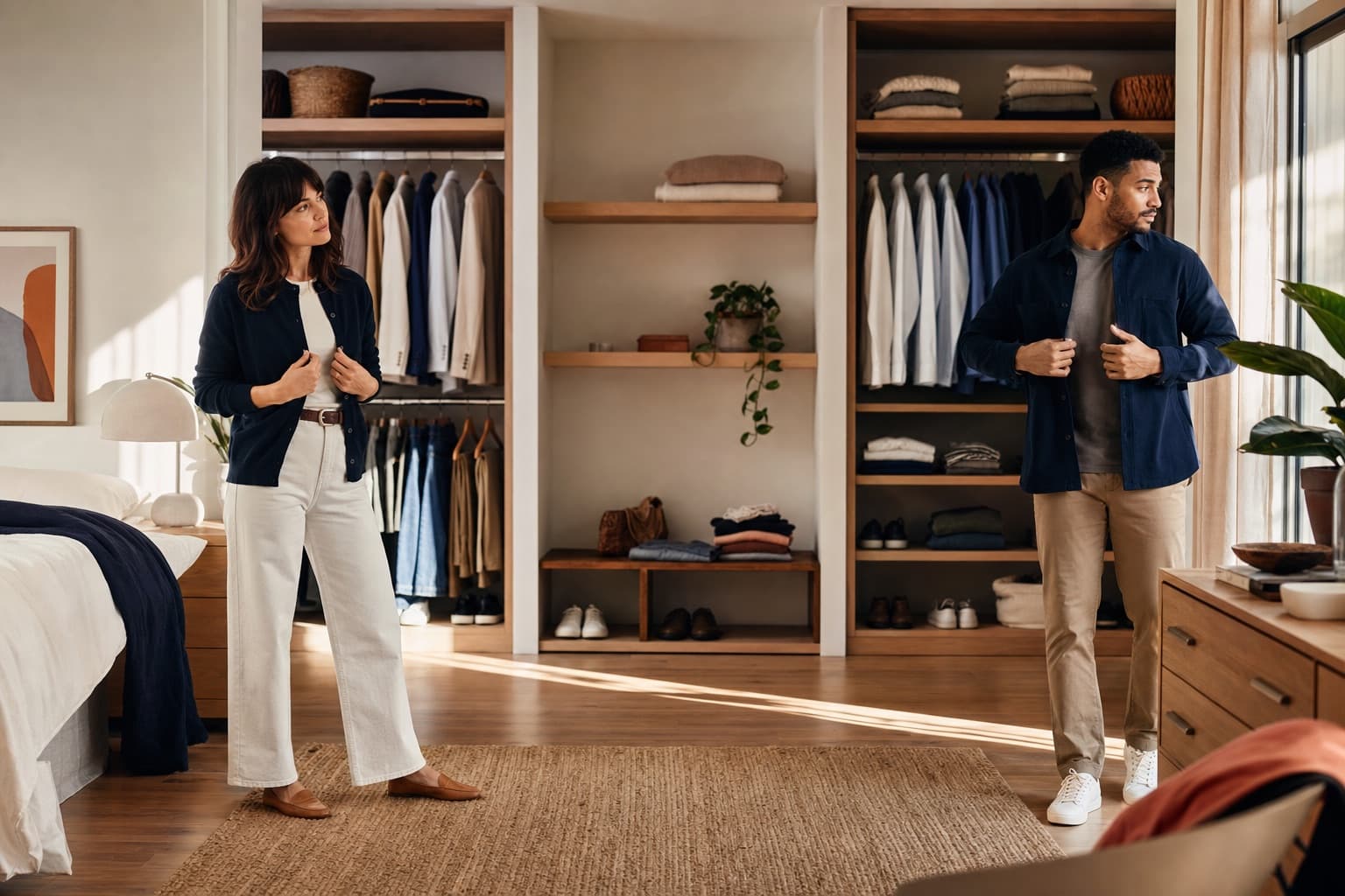 Person making a faster morning outfit decision beside an open wardrobe