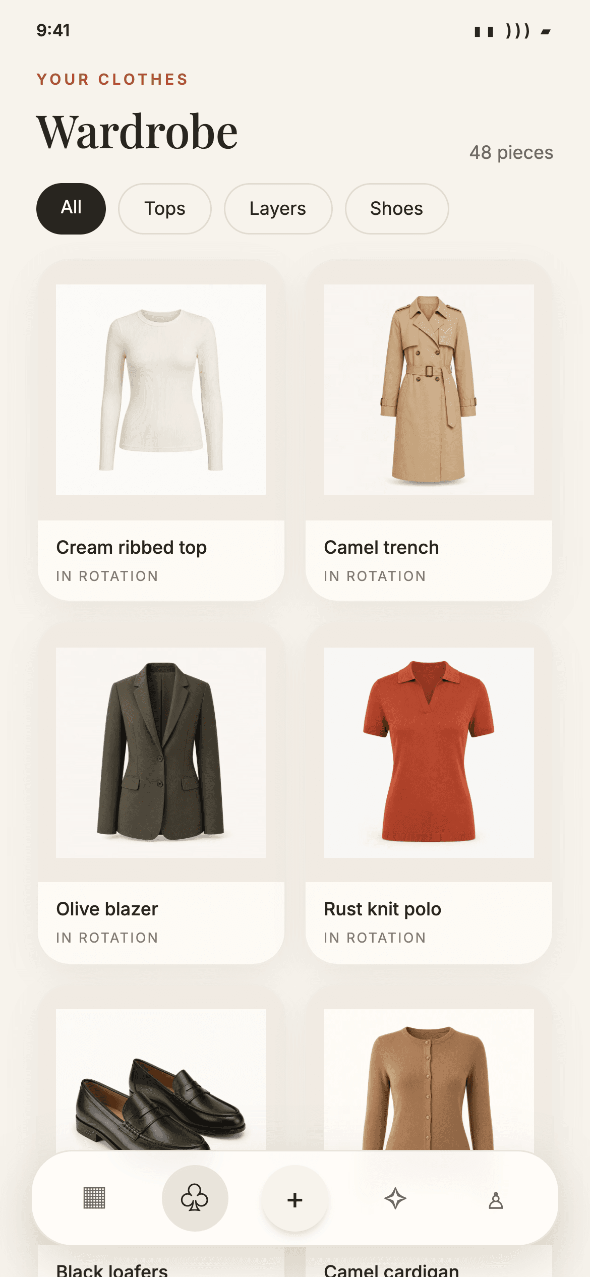 A visual Pomada wardrobe organised into garment cards